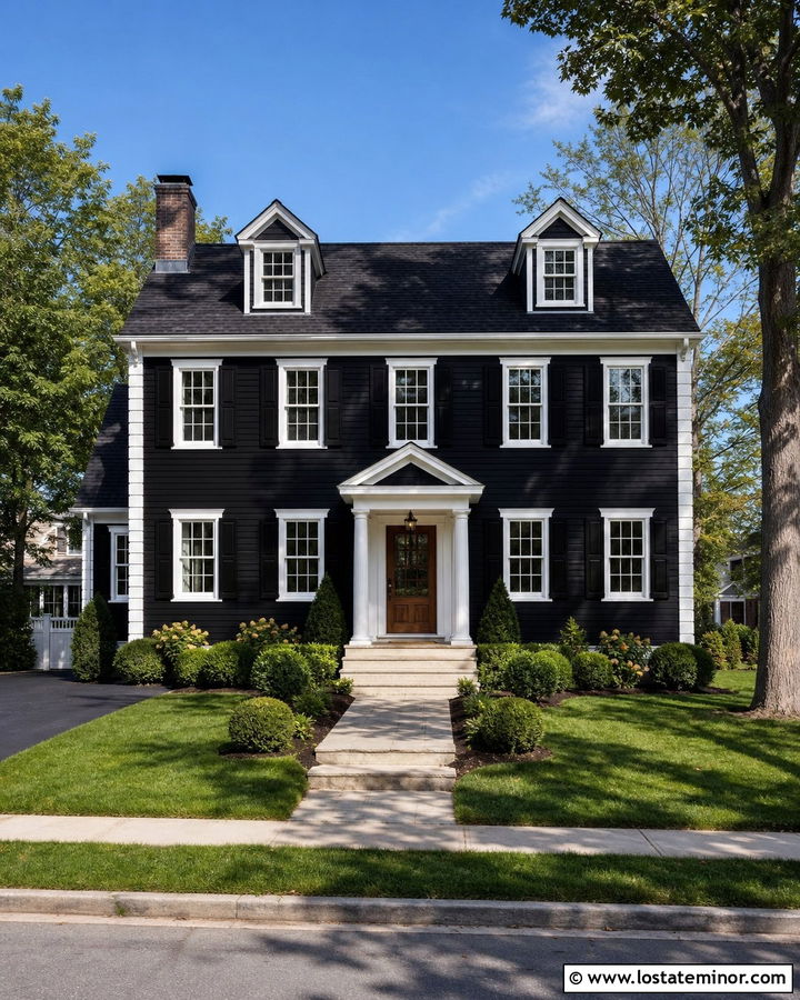 Jet Black House With Crisp White Trim - 30 Jet Black House Design With Trim Ideas