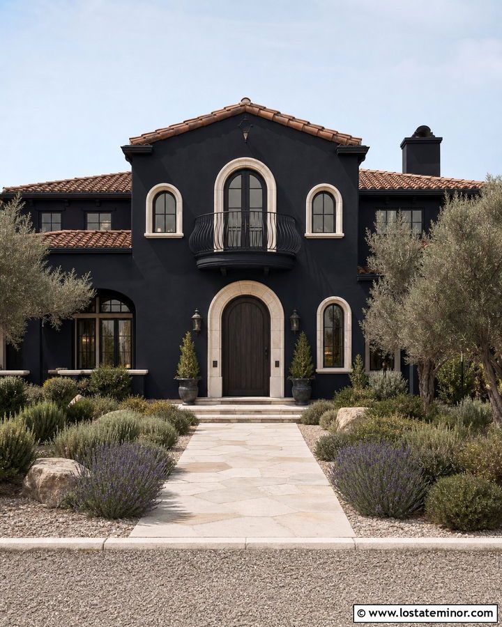 Jet Black House With Curved Balcony Railings - 30 Jet Black House Design With Railings Ideas