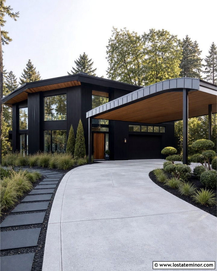 Jet Black House With Curved Carport Roof - 30 Jet Black House Design With Carport Ideas