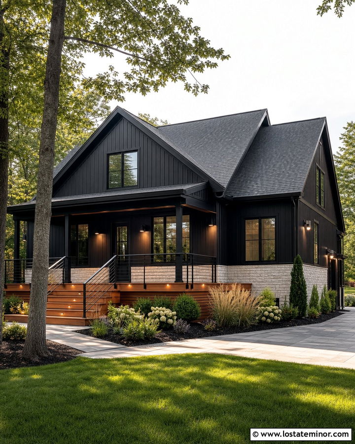 Jet Black House With Deck Rail Lighting - 30 Jet Black House Design With Lighting Ideas
