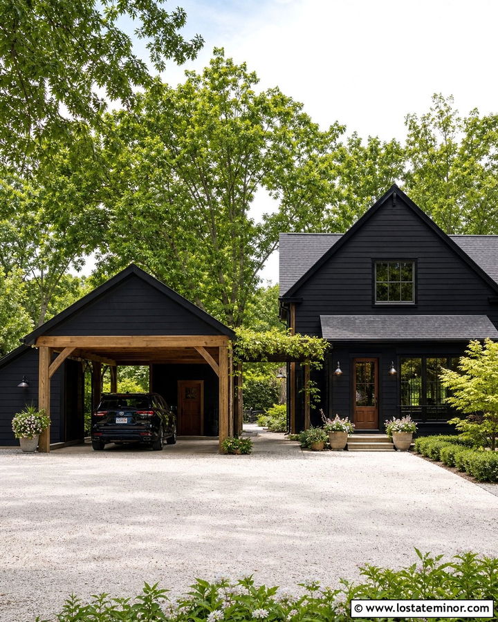 Jet Black House With Detached Carport - 30 Jet Black House Design With Carport Ideas