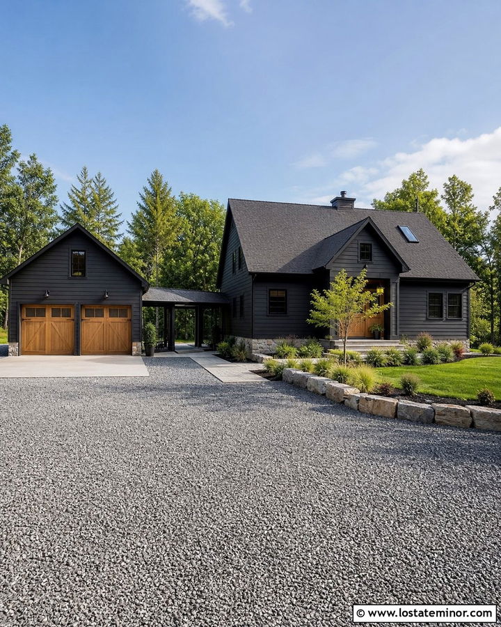 Jet Black House With Detached Garage Driveway - 30 Jet Black House Design With Driveway Ideas