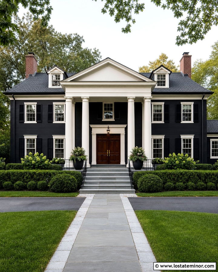 Jet Black House With Double Column Portico - 30 Jet Black House Design With Portico Ideas