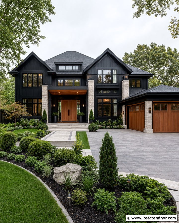 Jet Black House With Double Wood Front Door - 30 Jet Black House Design With Front Door Ideas
