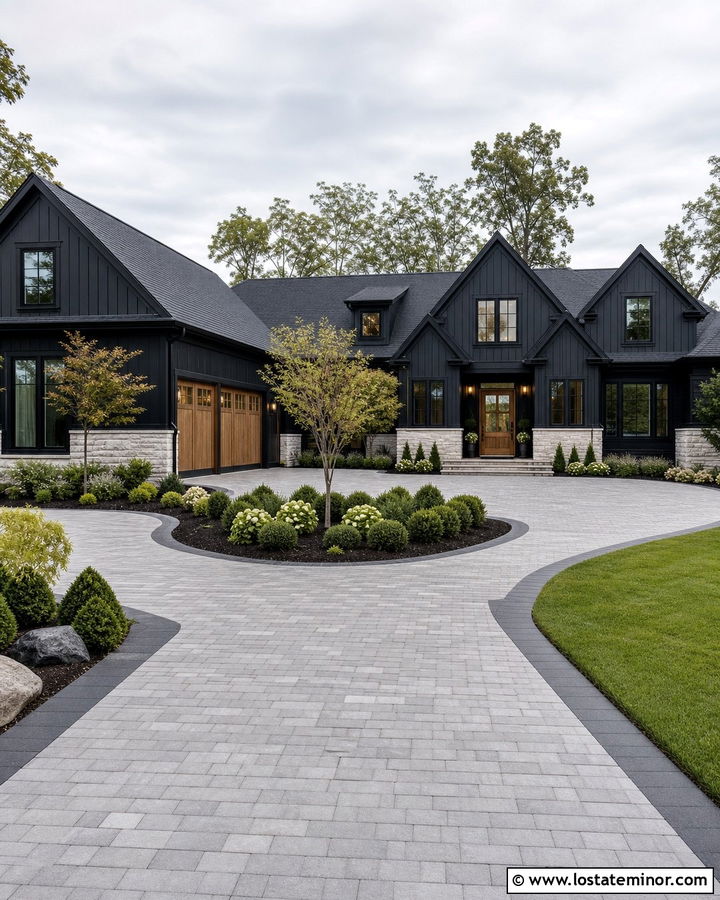 Jet Black House With Driveway Courtyard - 30 Jet Black House Design With Driveway Ideas