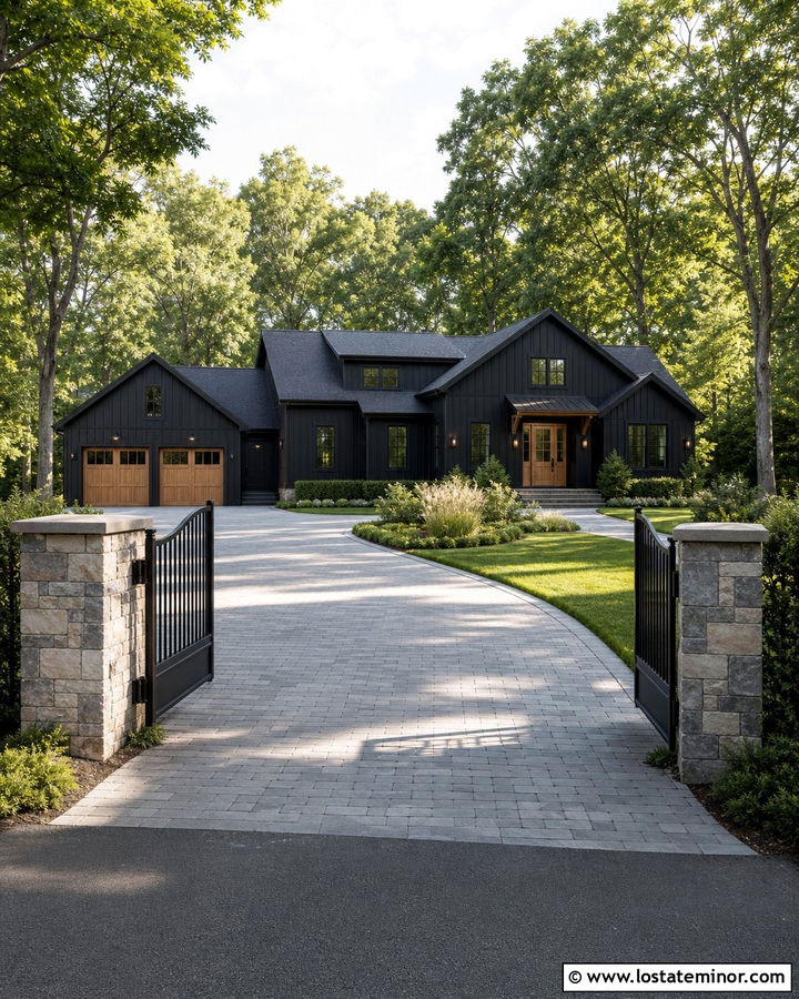 Jet Black House With Driveway Gate - 30 Jet Black House Design With Driveway Ideas