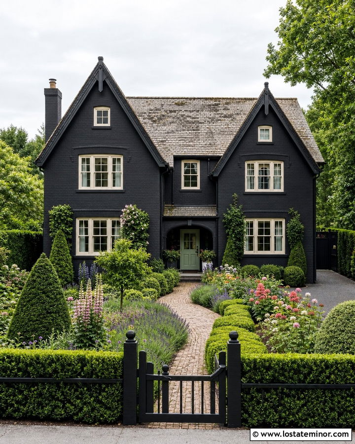Jet Black House With English Front Garden - 30 Jet Black House Design With Front Yard Ideas