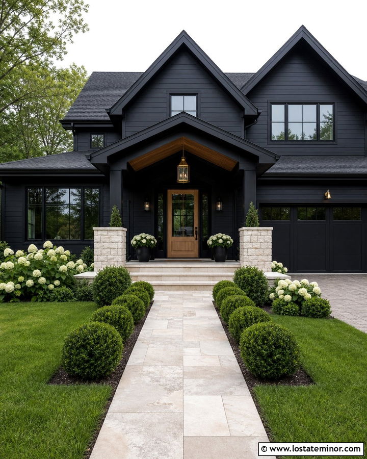 Jet Black House With Entry Pendant Light - 30 Jet Black House Design With Light Fixtures Ideas