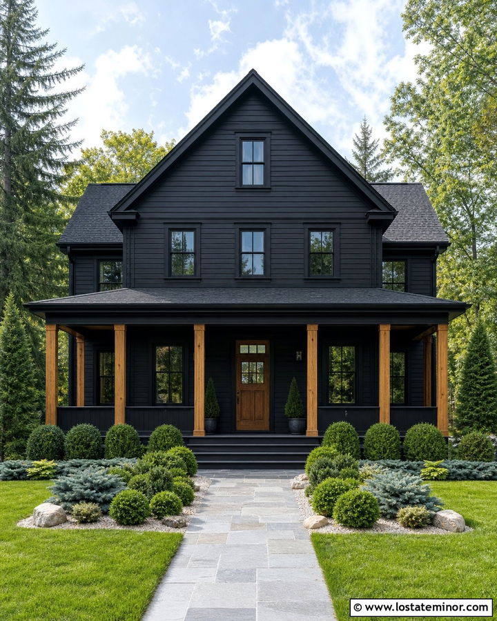 Jet Black House With Evergreen Foundation Planting - 30 Jet Black House Design With Landscaping Ideas