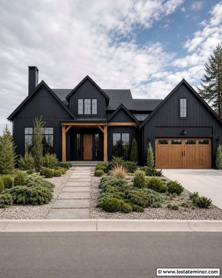 Jet Black House With Evergreen Front Yard - 30 Jet Black House Design With Front Yard Ideas
