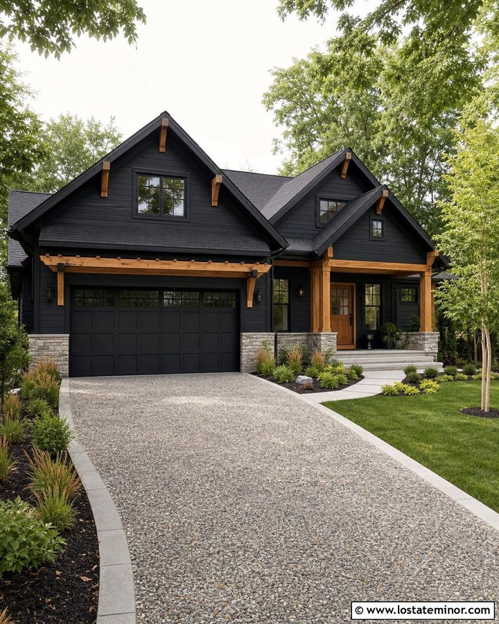 Jet Black House With Exposed Aggregate Driveway - 30 Jet Black House Design With Driveway Ideas
