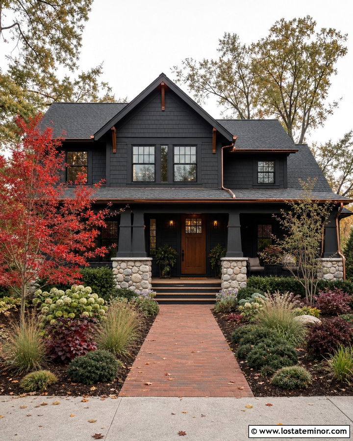 Jet Black House With Fall Color Landscaping - 30 Jet Black House Design With Landscaping Ideas