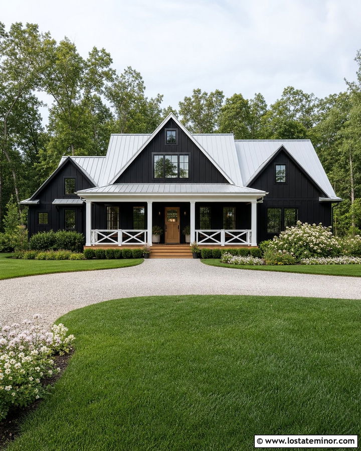 Jet Black House With Farmhouse Cross Railings - 30 Jet Black House Design With Railings Ideas
