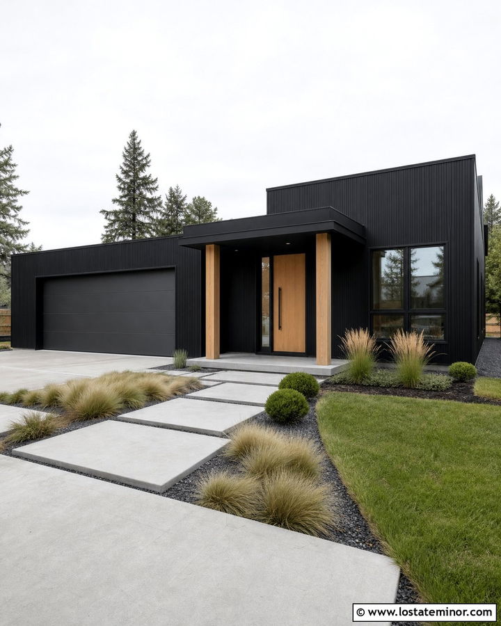 Jet Black House With Flat Roof Portico - 30 Jet Black House Design With Portico Ideas