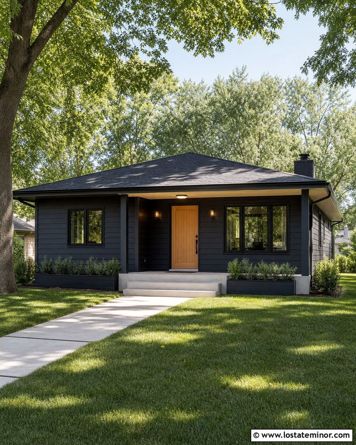 Jet Black House With Flush Mount Porch Lights - 30 Jet Black House Design With Light Fixtures Ideas