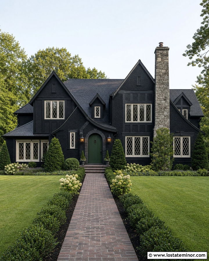 Jet Black House With Forest Green Entry Door - 30 Jet Black House Design With Entry Door Ideas
