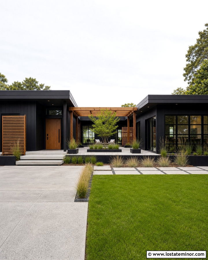 Jet Black House With Freestanding Courtyard Pergola - 30 Jet Black House Design With Pergola Ideas