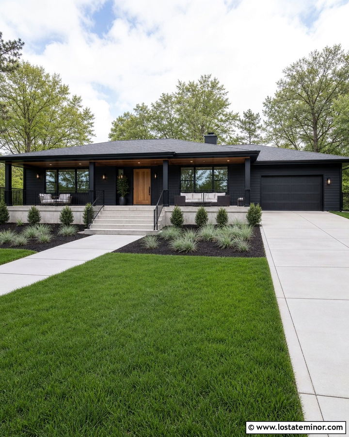 Jet Black House With Front Stair Railings - 30 Jet Black House Design With Railings Ideas