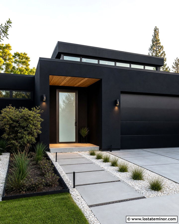 Jet Black House With Frosted Glass Entry Door - 30 Jet Black House Design With Entry Door Ideas