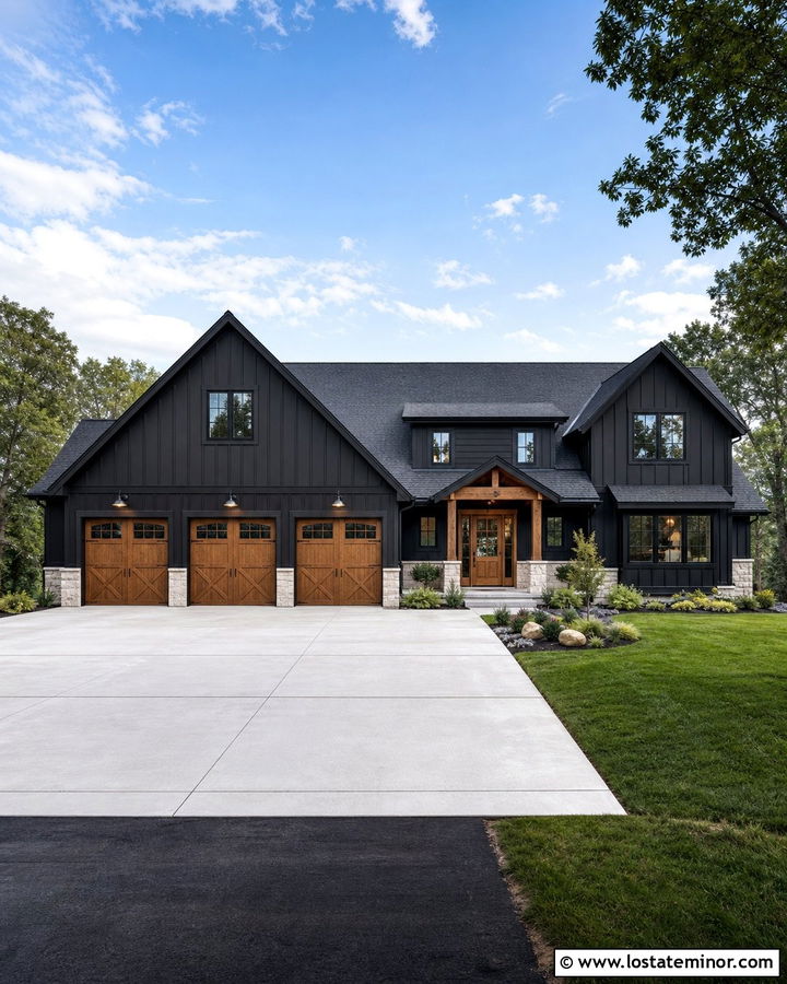 Jet Black House With Garage Barn Lights - 30 Jet Black House Design With Light Fixtures Ideas
