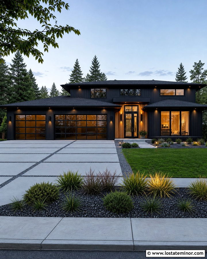 Jet Black House With Glass Garage And Perimeter Lights - 30 Jet Black House Design With Lighting Ideas