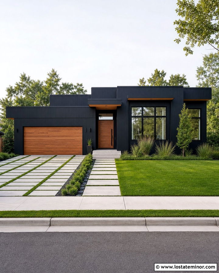 Jet Black House With Grass Paver Driveway - 30 Jet Black House Design With Driveway Ideas