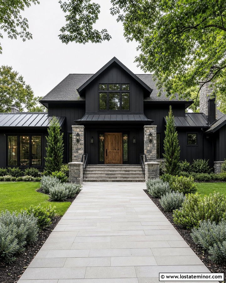 Jet Black House With Gray Stone Porch - 30 Jet Black House Design With Accents Ideas