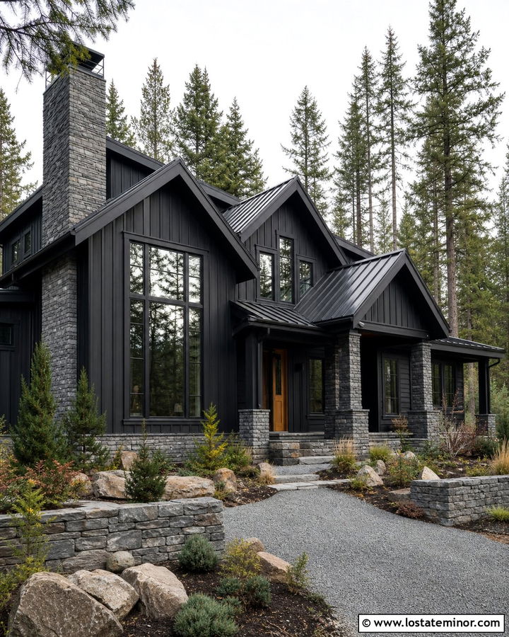 Jet Black House With Gray Stone Trim - 30 Jet Black House Design With Trim Ideas