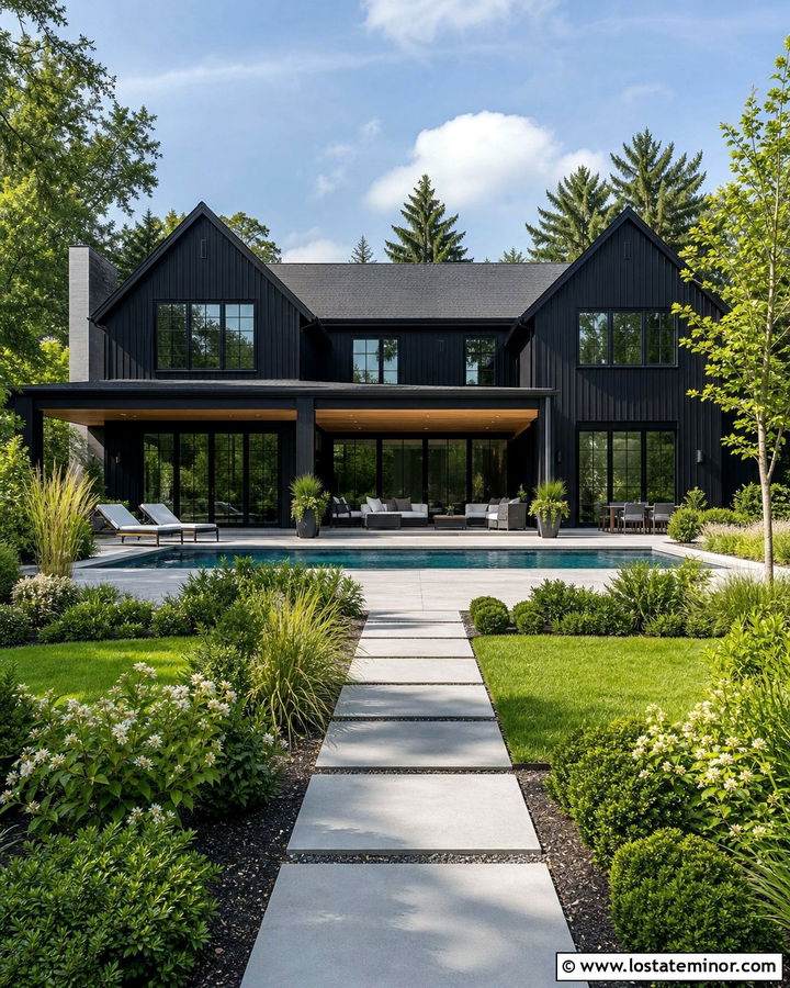 Jet Black House With Green Landscaping And Pool - 30 Jet Black House Design With Swimming Pool Ideas