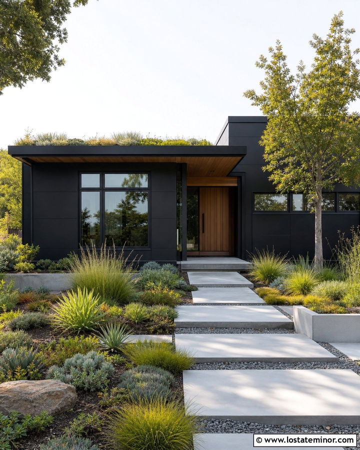 Jet Black House With Green Roof Landscaping - 30 Jet Black House Design With Landscaping Ideas