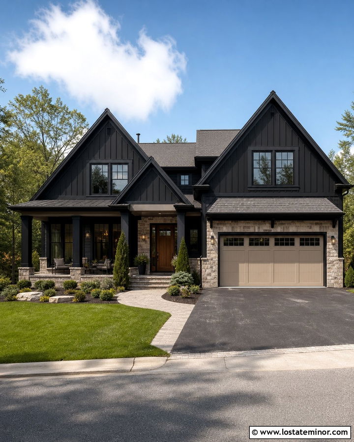 Jet Black House With Greige Porch Ceiling - 30 Jet Black House Design With Porch Ceiling Ideas
