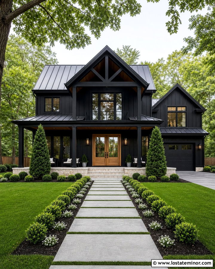 Jet Black House With Honey Cedar Vaulted Ceiling - 30 Jet Black House Design With Porch Ceiling Ideas