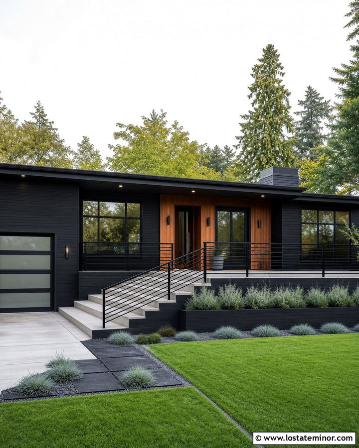 Jet Black House With Horizontal Steel Railings - 30 Jet Black House Design With Railings Ideas