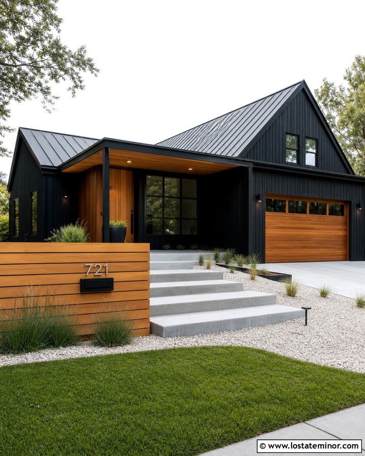 Jet Black House With Horizontal Wood Mailbox Wall - 30 Jet Black House Design With Mailbox Ideas