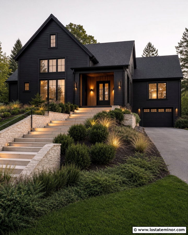 Jet Black House With Illuminated Front Steps - 30 Jet Black House Design With Lighting Ideas
