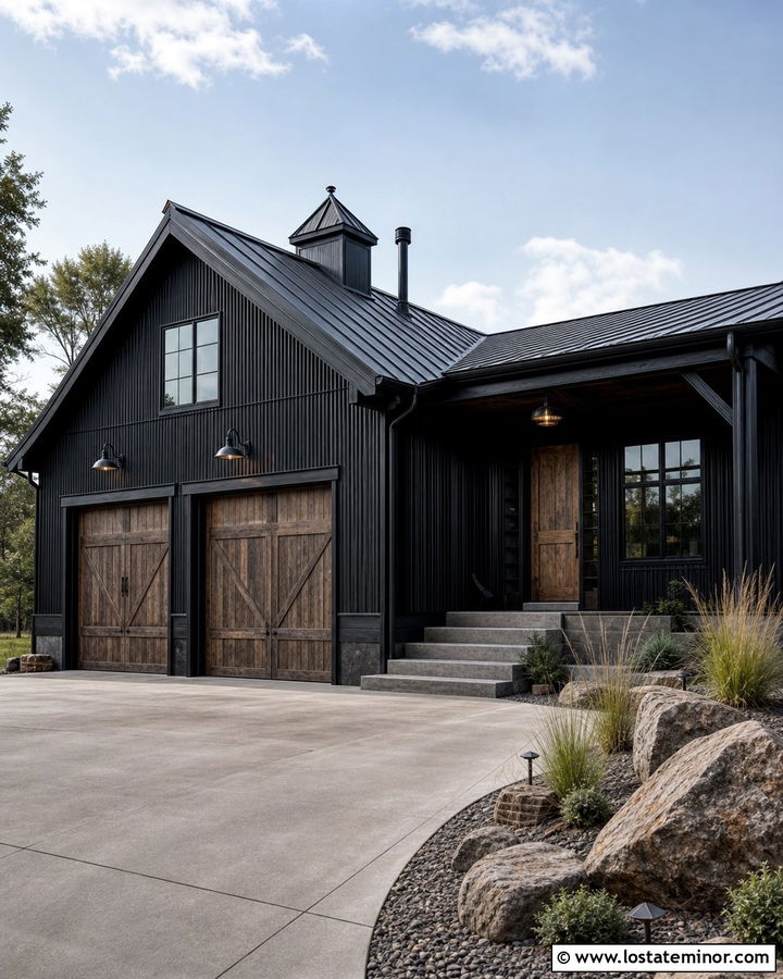 Jet Black House With Industrial Cage Lights - 30 Jet Black House Design With Light Fixtures Ideas