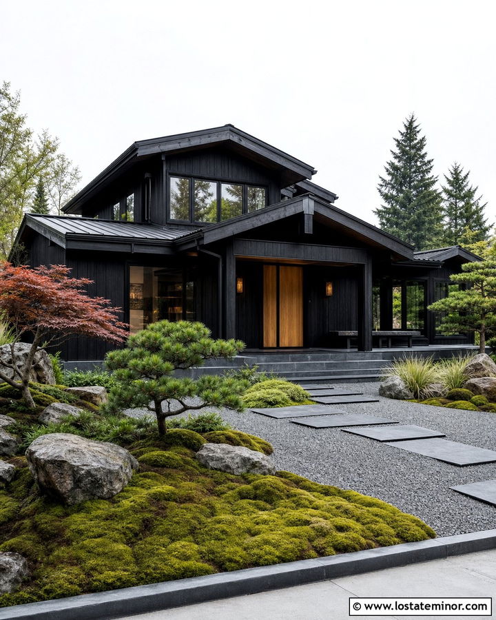 Jet Black House With Japanese Front Yard - 30 Jet Black House Design With Front Yard Ideas