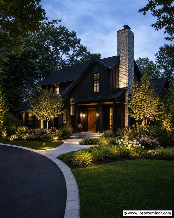 Jet Black House With Landscape Spotlights - 30 Jet Black House Design With Lighting Ideas