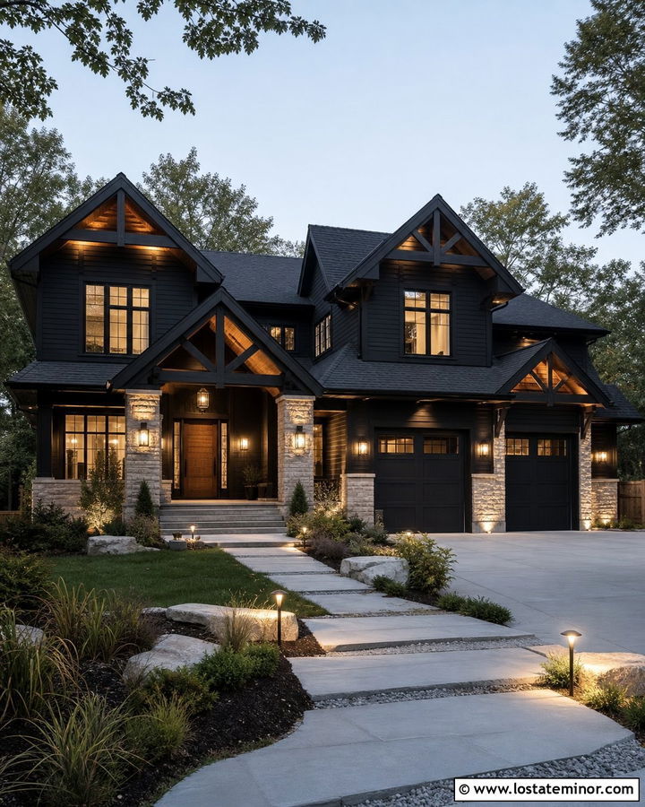 Jet Black House With Layered Exterior Lighting - 30 Jet Black House Design With Light Fixtures Ideas