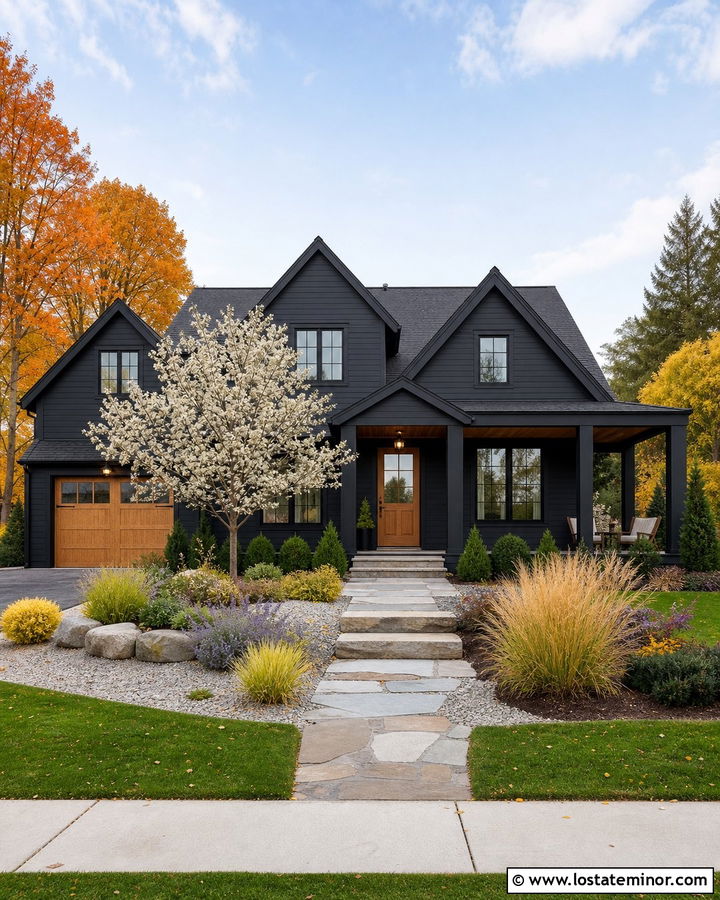 Jet Black House With Layered Four Season Landscaping - 30 Jet Black House Design With Landscaping Ideas