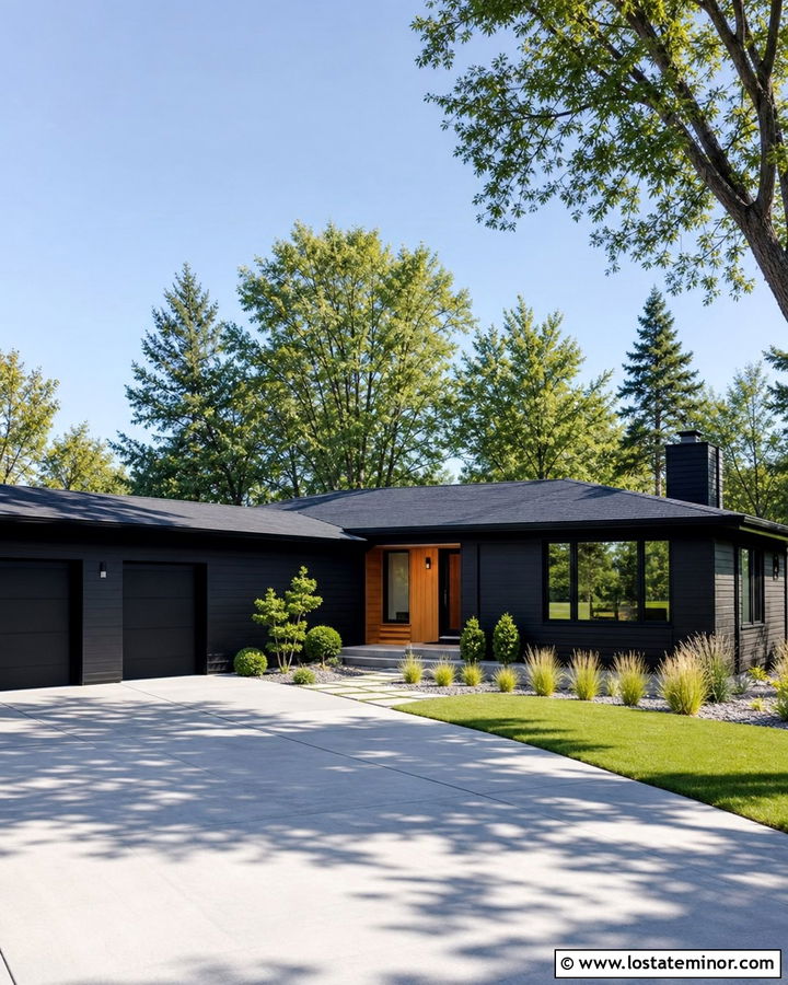Jet Black House With Light Gray Concrete Driveway - 30 Jet Black House Design With Driveway Ideas