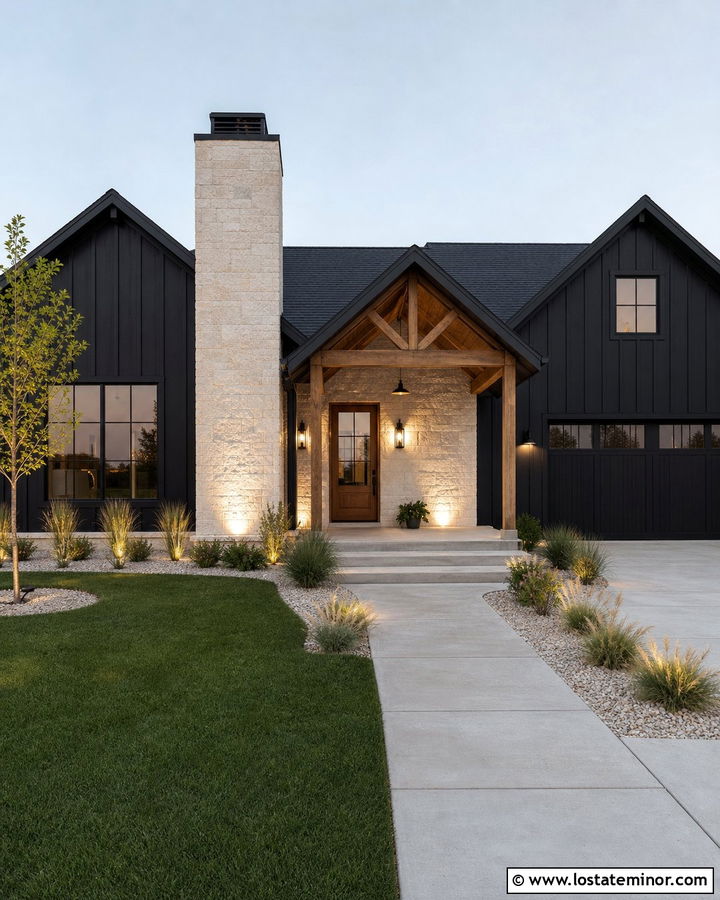Jet Black House With Light Stone And Uplights - 30 Jet Black House Design With Lighting Ideas