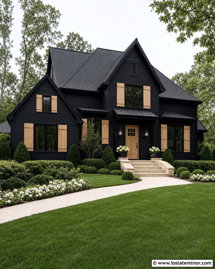 Jet Black House With Light Wood Shutters - 30 Jet Black House Design With Accents Ideas