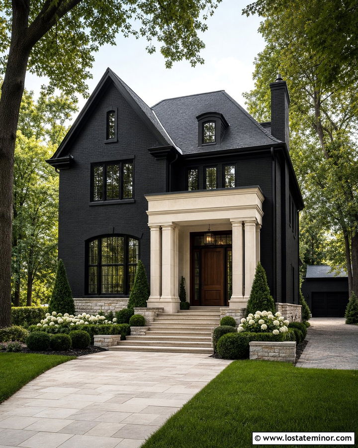 Jet Black House With Limestone Portico - 30 Jet Black House Design With Portico Ideas