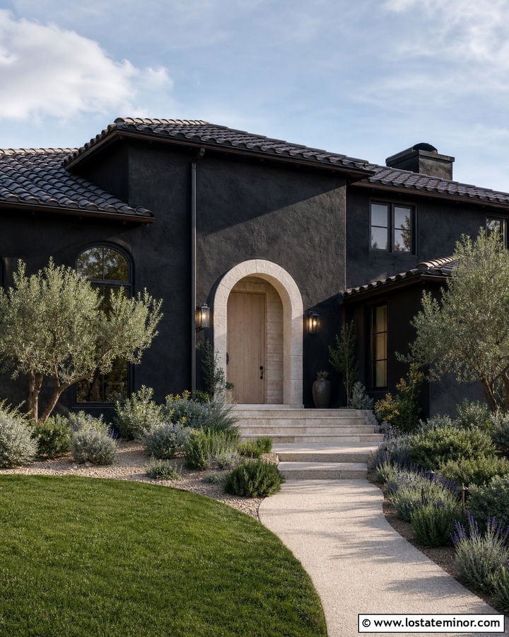 Jet Black House With Limewashed Wood Entry Door - 30 Jet Black House Design With Entry Door Ideas