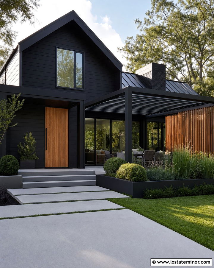 Jet Black House With Louvered Aluminum Pergola - 30 Jet Black House Design With Pergola Ideas