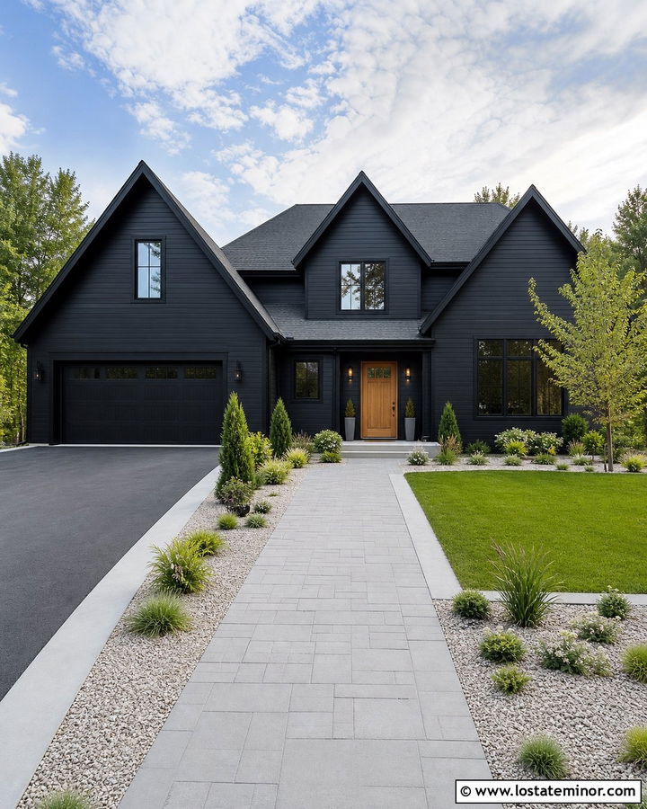 Jet Black House With Low Maintenance Front Yard - 30 Jet Black House Design With Front Yard Ideas