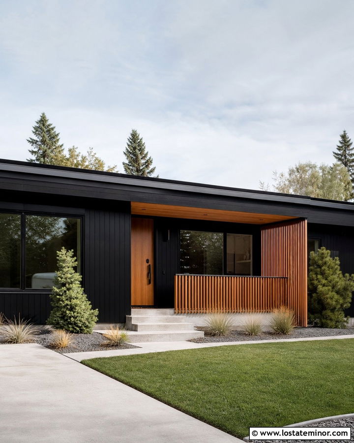 Jet Black House With Midcentury Wood Railings - 30 Jet Black House Design With Railings Ideas