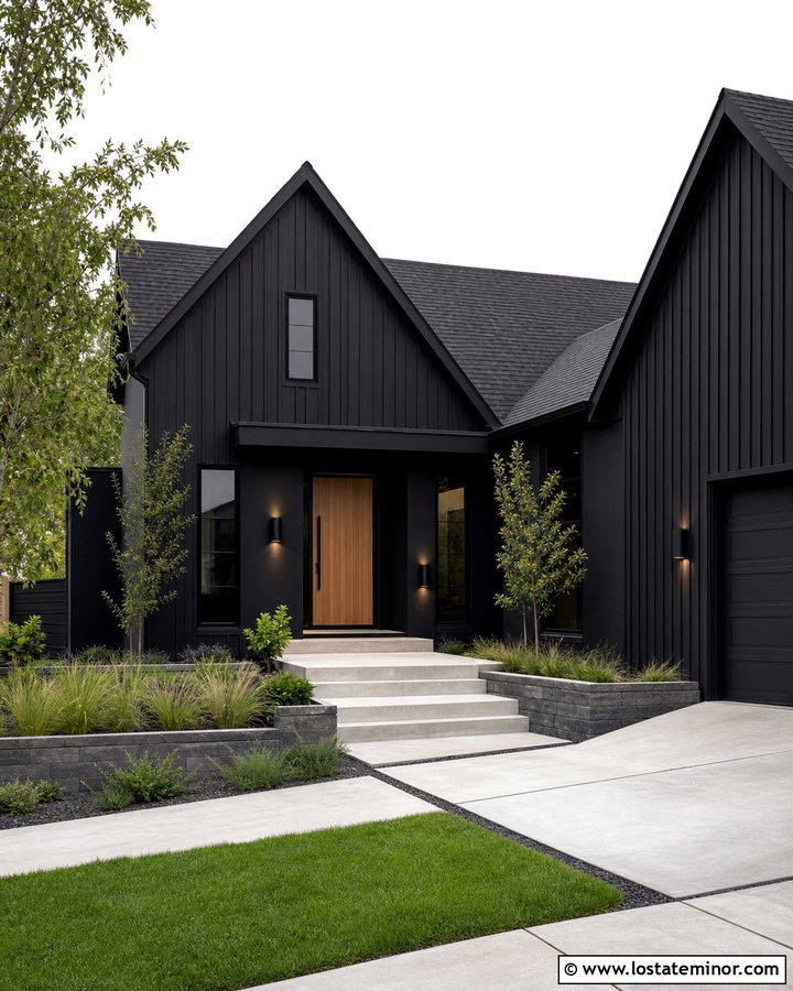 Jet Black House With Minimal Cylinder Lights - 30 Jet Black House Design With Light Fixtures Ideas