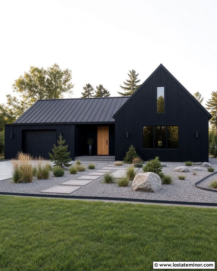 Jet Black House With Minimalist Gravel Garden - 30 Jet Black House Design With Landscaping Ideas